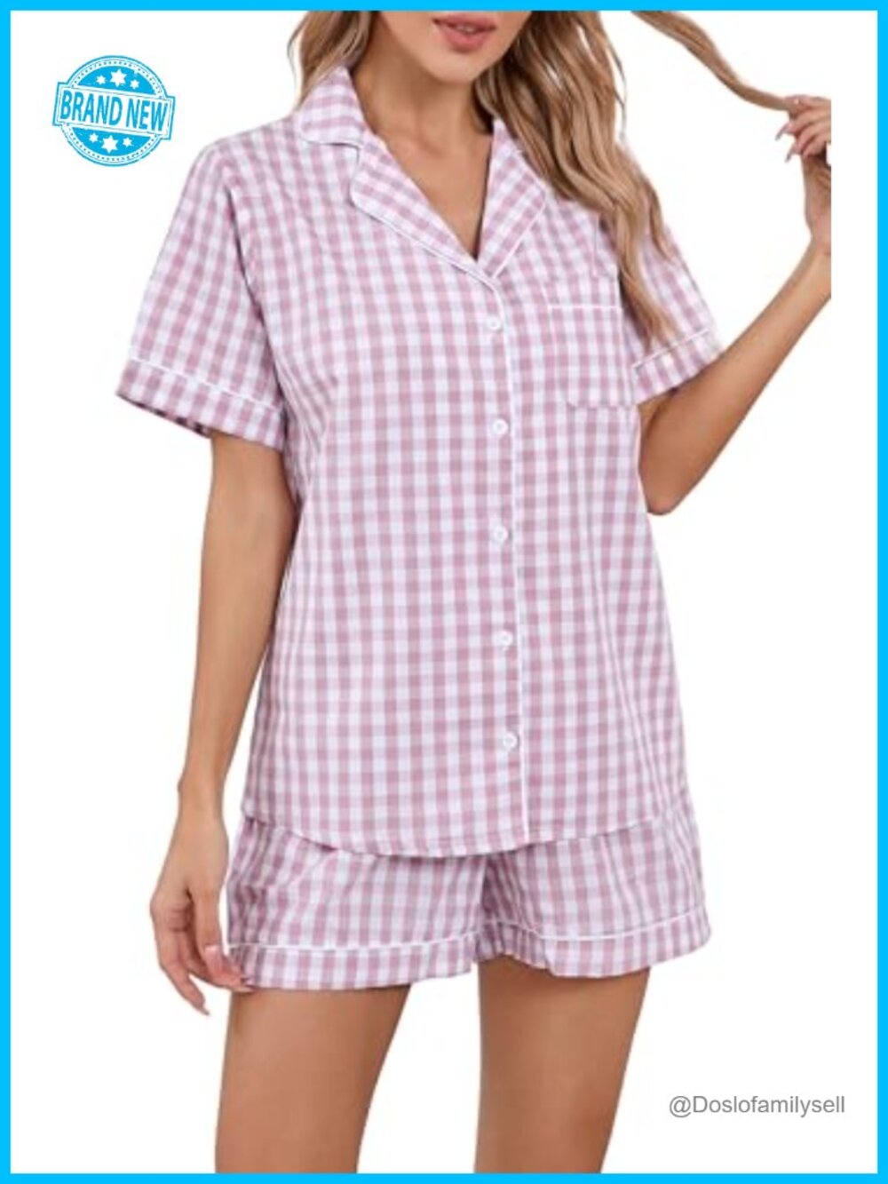 100% Cotton Woven Pajama Set Short Sleeve Button Down Sleepwear